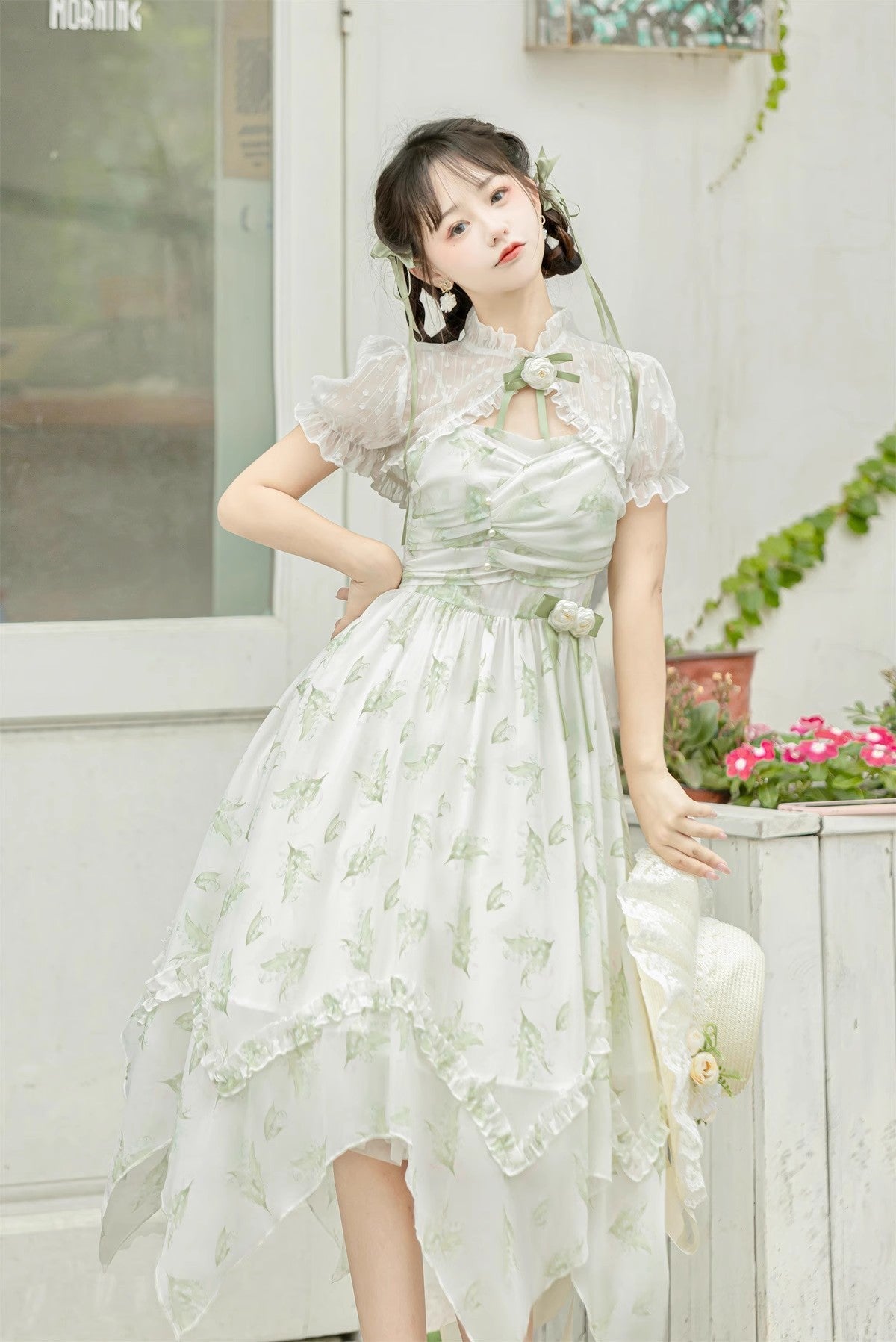 Lily of the Valley Spring Short Sleeves Jacquard Print Bowknot Irregular Sweet Lolita Jsk Dress