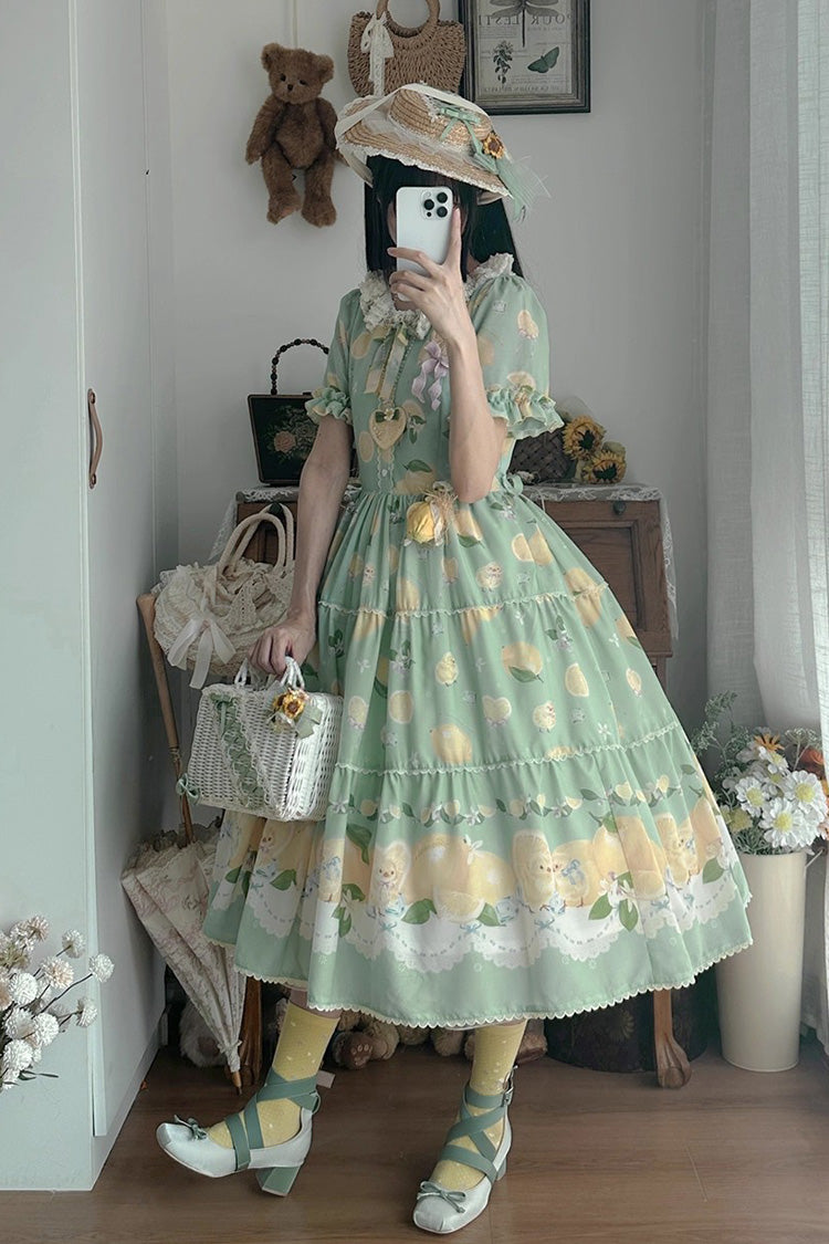 Green Lemon Chicken Short Sleeves Print Ruffle Bowknot Lace Daily Sweet Lolita Dress