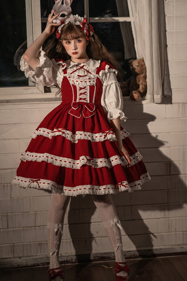 Red Antique Dolls Triple-Layered Bowknot Sweet Lolita Jsk Dress