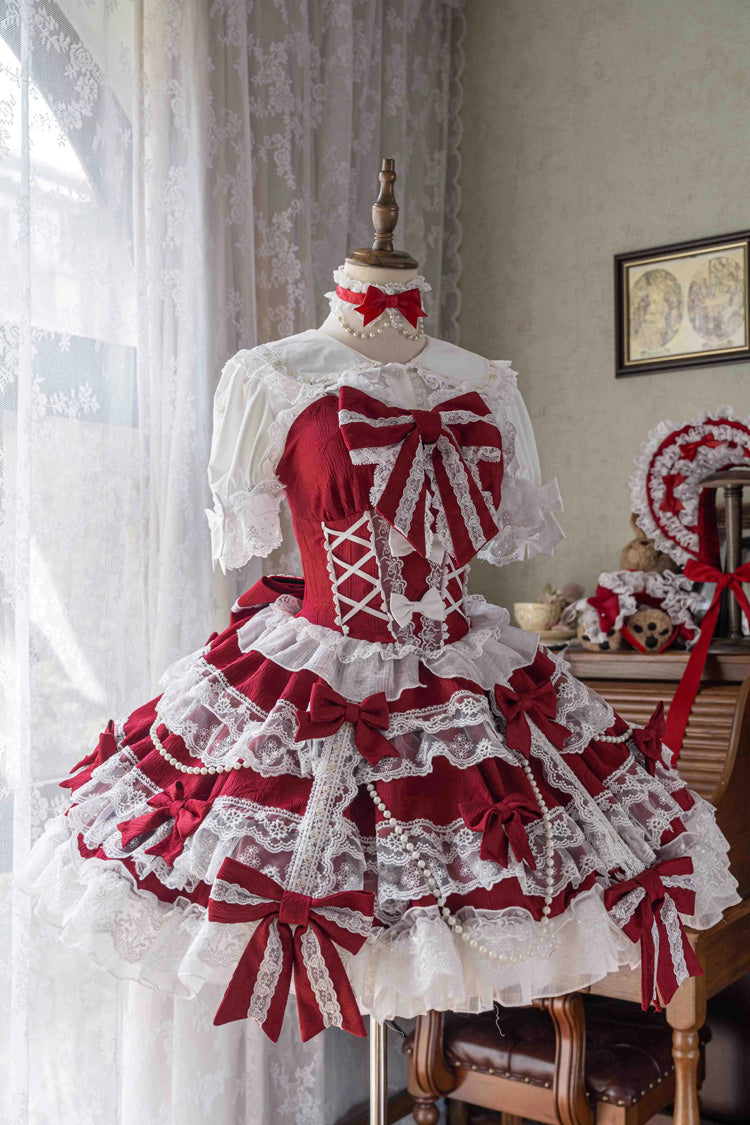 Red Small Cakes Sleeveless Multi-Layered Ruffle Bowknot Lace Sweet Lolita Jsk Dress