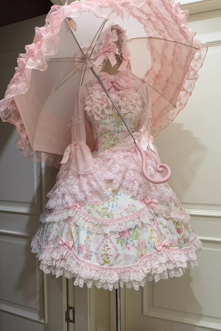White/Pink Sleeveless Flower Wall Print Ruffle Bowknot Lace Sweet Lolita Jsk Dress