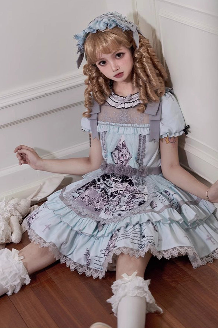 Light Blue Doll Theater Short Sleeves Print Ruffle Lace Sweet Lolita Dress
