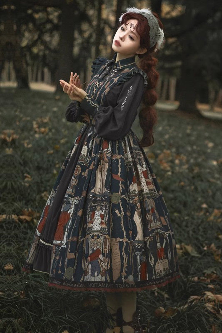 Dark Blue Tarot Print Ruffle Bowknot Sweet Elegant Lolita Strap Dress
