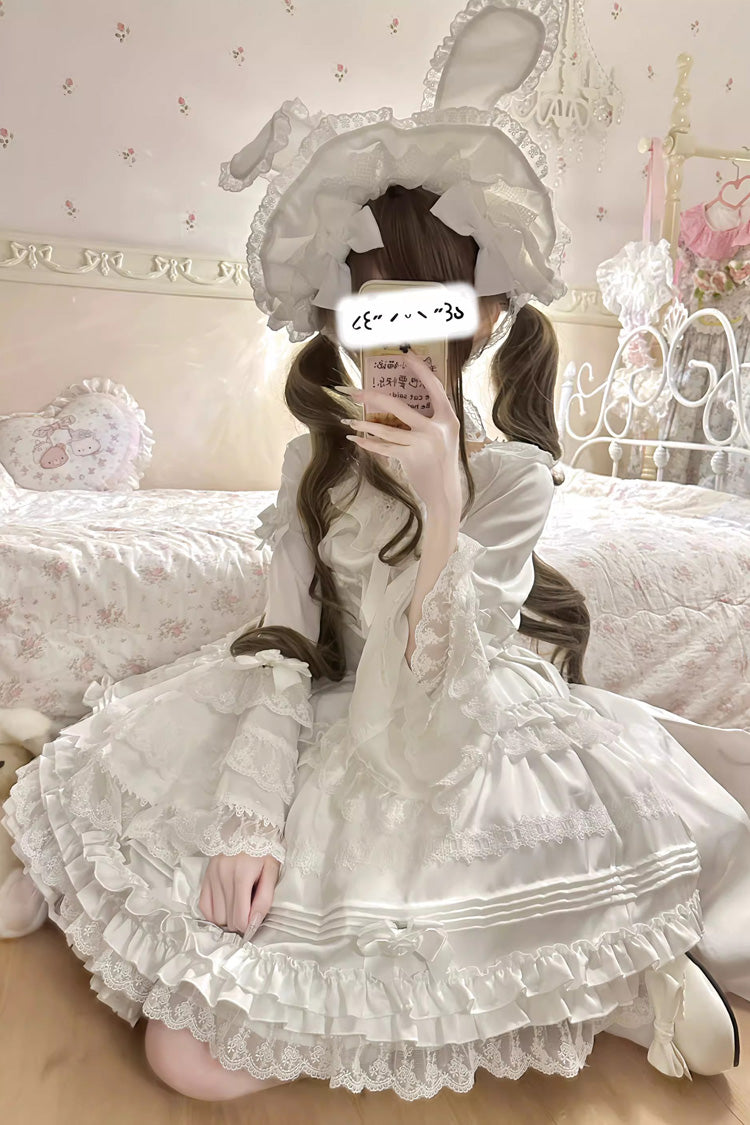 White Layered Buttercream Frosting Short Sleeves Ruffle Bowknot Lace Sweet Lolita Dress