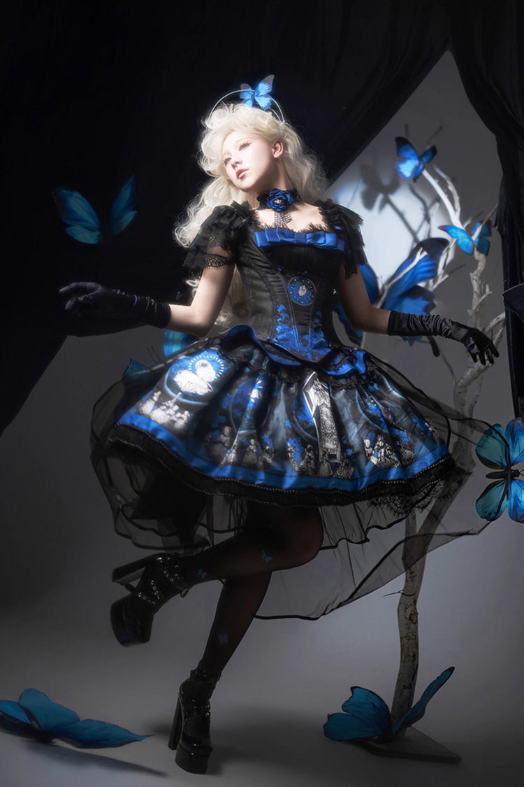 Blue Dark Moon Corridor Print Embroidery Gothic Lolita Dress Skirt