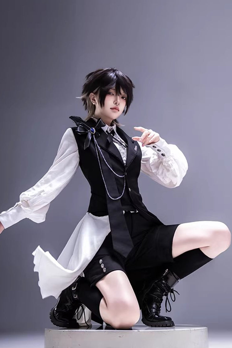 Black/White Black Tea Concerto Bow Asymmetric Ouji Fashion Gothic Prince Lolita Vest Top Shorts Set