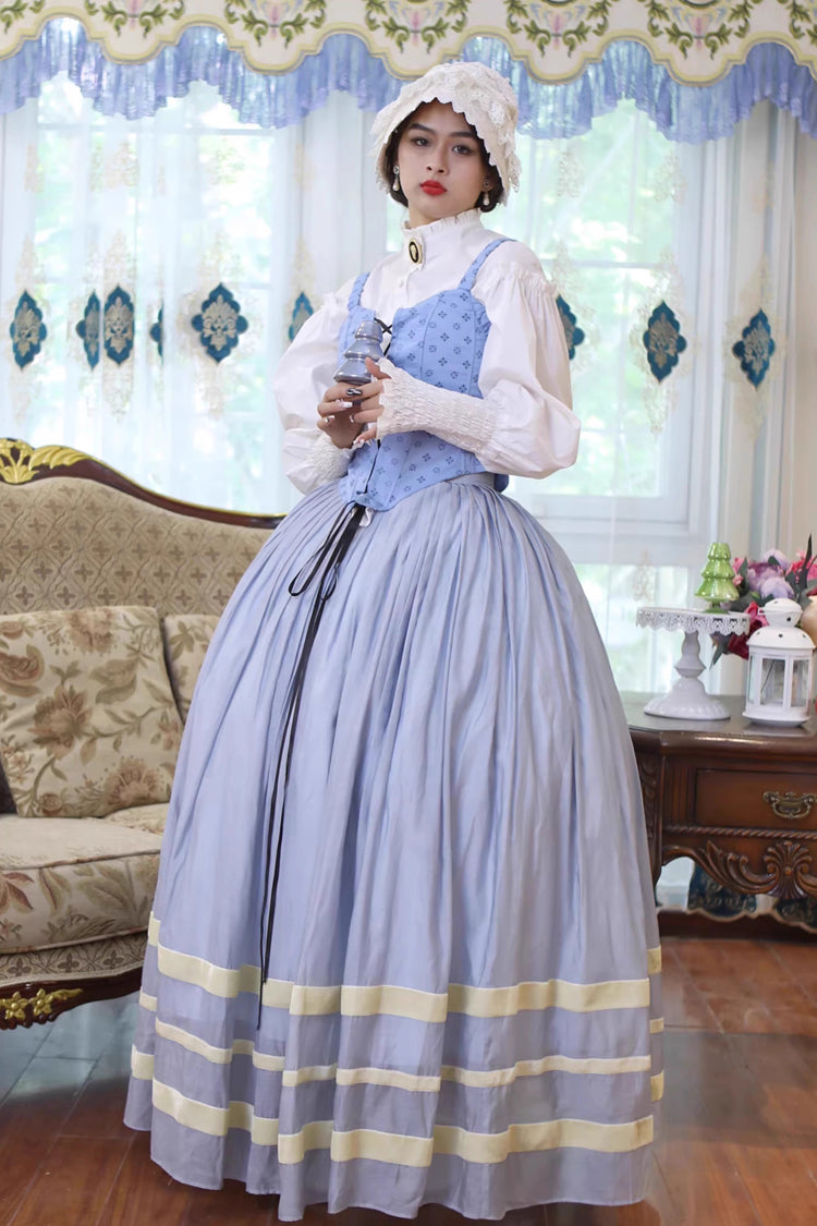 Light Blue Bashu Girl Long Puff Sleeves Print Lace-Up Fishbone Corset Sweet Lolita Skirt Dress Three-Piece Set