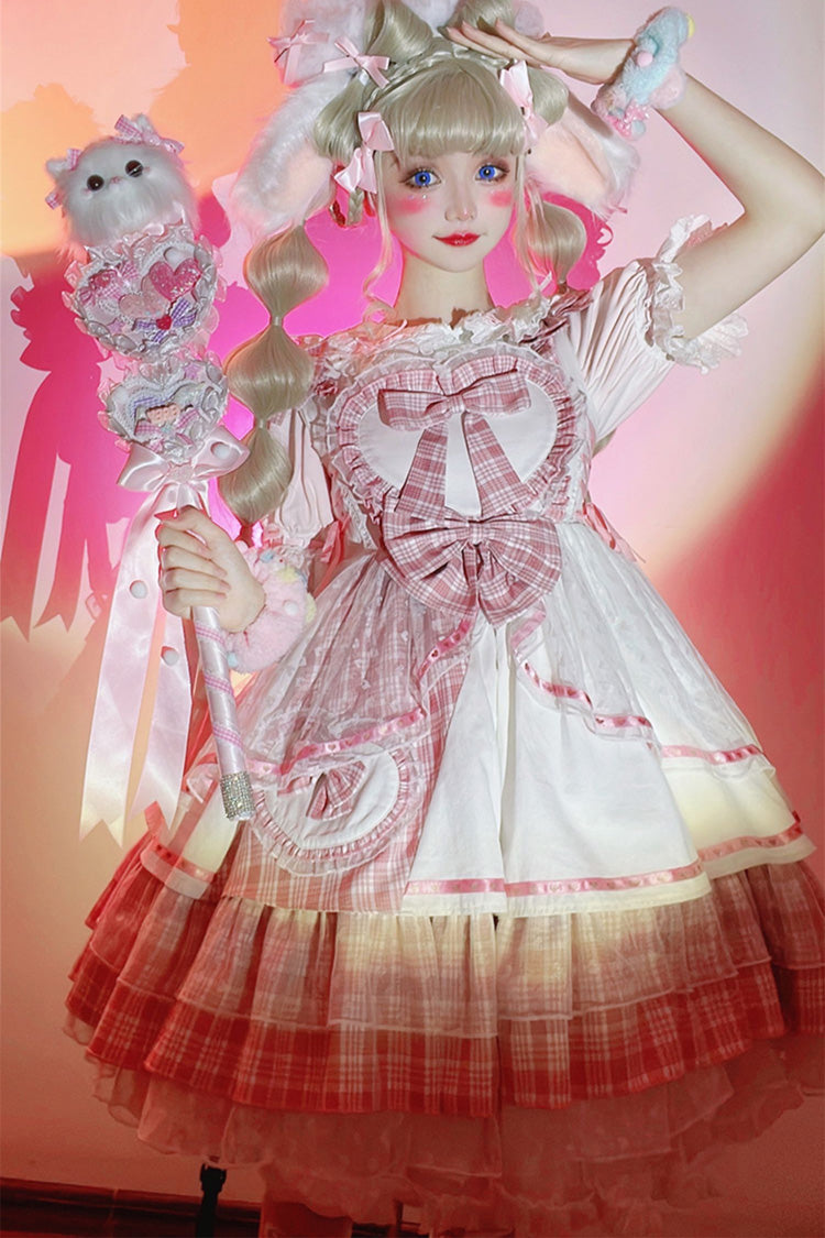 Pink Valentine's Day Multi-Layered Print Ruffle Cardigan Bowknot Lace Sweet Lolita Jsk Dress