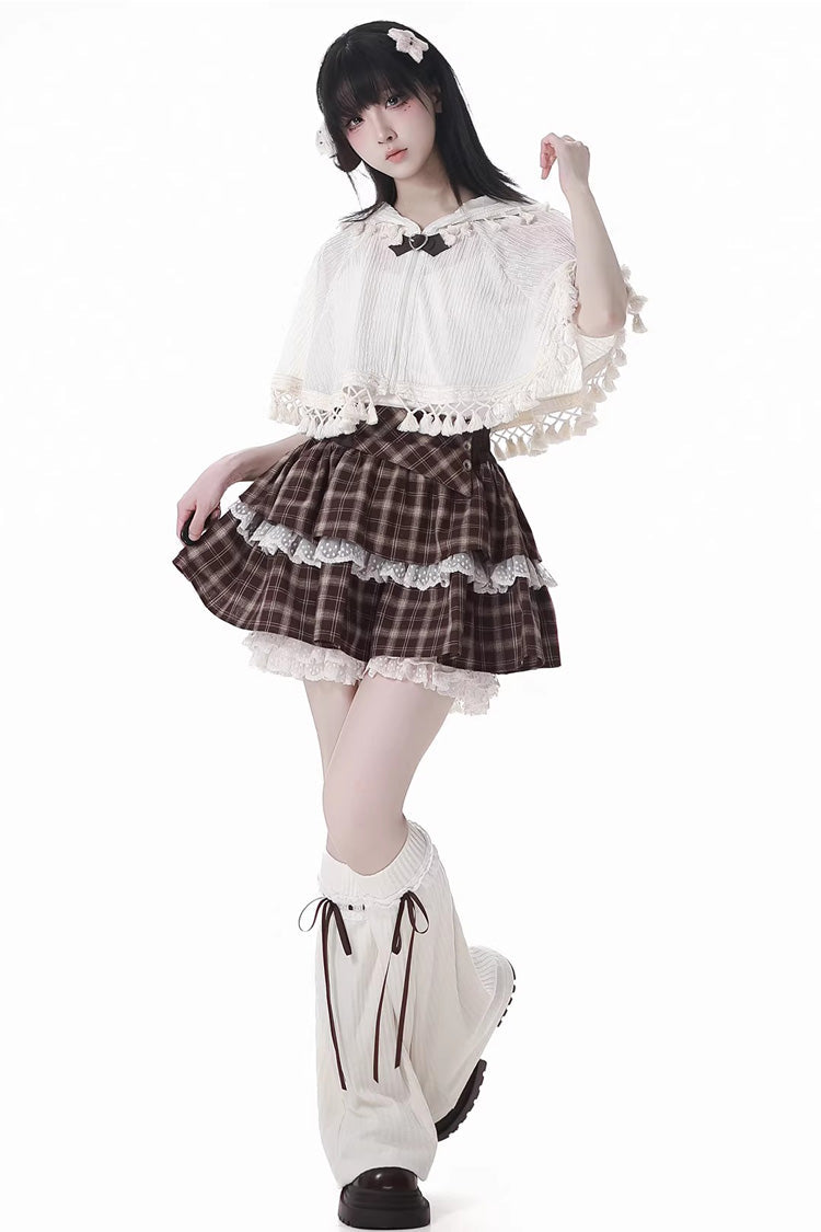 Brown Warm Summer Days Double-Layered Printed Ruffled Spliced Lace Sweet Lolita Skirt