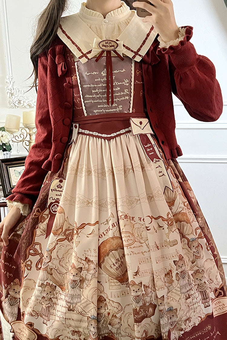 Wine Red Fox Band Print Square Collar Bowknot Classic Lolita Jumper Dress