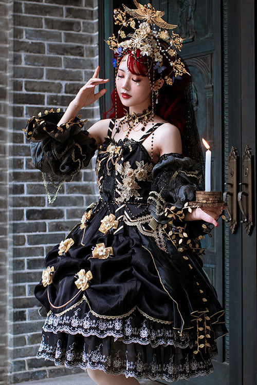 Black Vintage Elegant Court Style Embroidery Ruffled Classic Lolita JSK Dress
