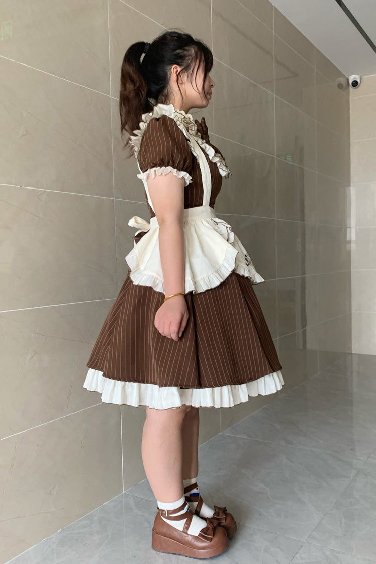 Brown Short Sleeves Stripe Print Ruffle Bowknot Sweet Plus Size Maid Lolita Dress