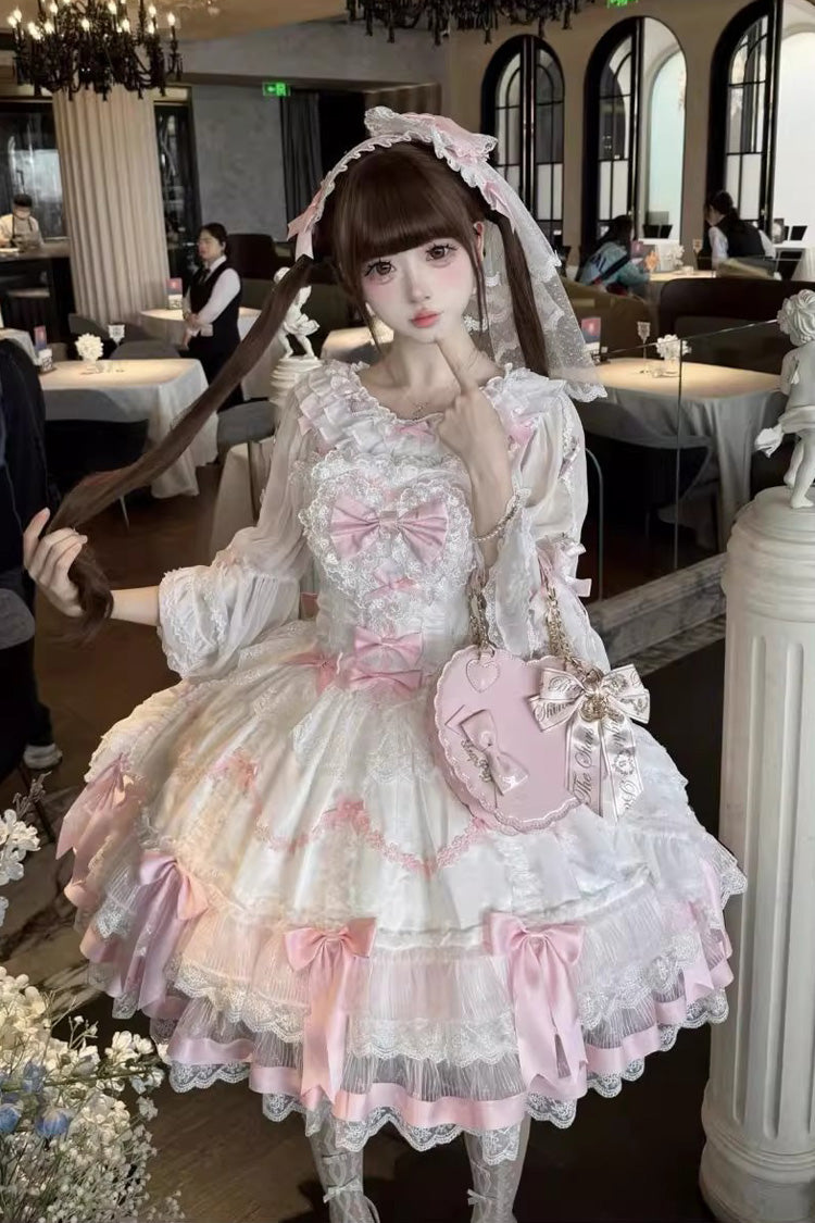 Pink/White Scarlet Heart Cocoa Sleeveless Triple-Layered Ruffle Embroidery Bowknot Lace Sweet Lolita Jsk Dress
