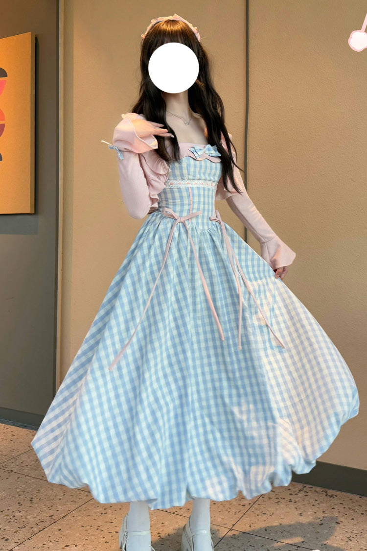 Blue Sea Salt Strawberries Sleeveless Plaid Print Bowknot Sweet Lolita Jsk Long Dress