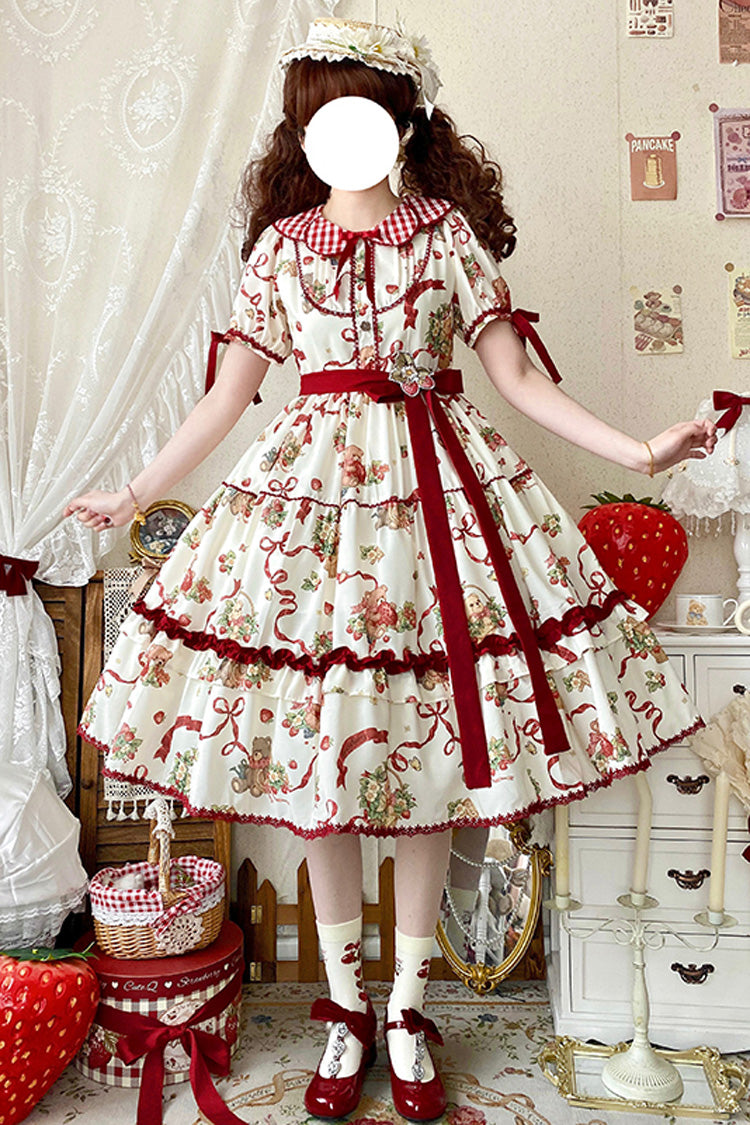 Bear's Strawberry Garden Lapel Collar Short Sleeves Print Bowknot Sweet Lolita Dress 4 Colors