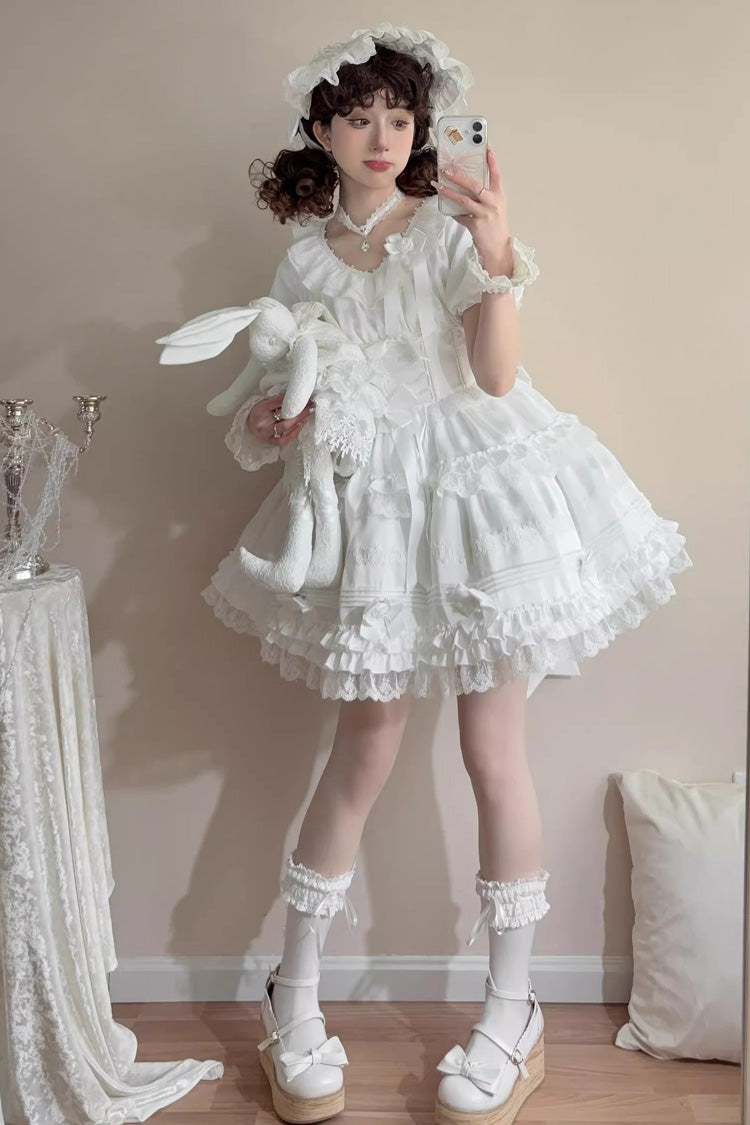 White Layered Buttercream Frosting Short Sleeves Ruffle Bowknot Lace Sweet Lolita Dress