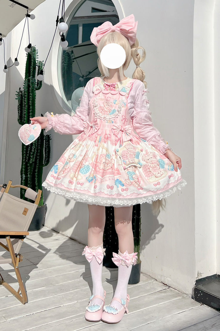 Kawaii Bears Print Pink Bowknot Stitching Lace Sweet Lolita Strap Dress