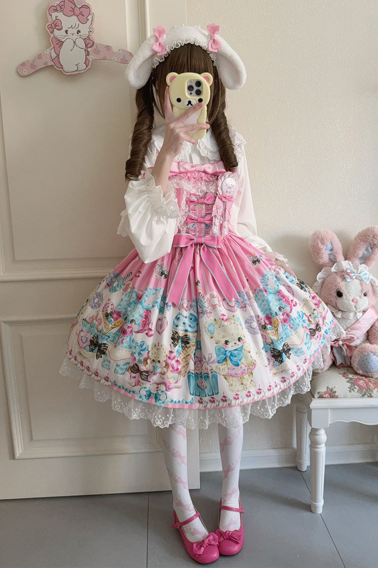 Pink Floral Whisper Bear Print Ruffle Bowknot Lace Sweet Princess Lolita Jsk Dress
