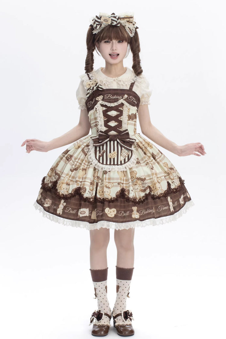 Doll Tea Party Sleeveless Print Ruffle Bowknot Lace-Up Sweet Lolita Jsk Dress 3 Colors