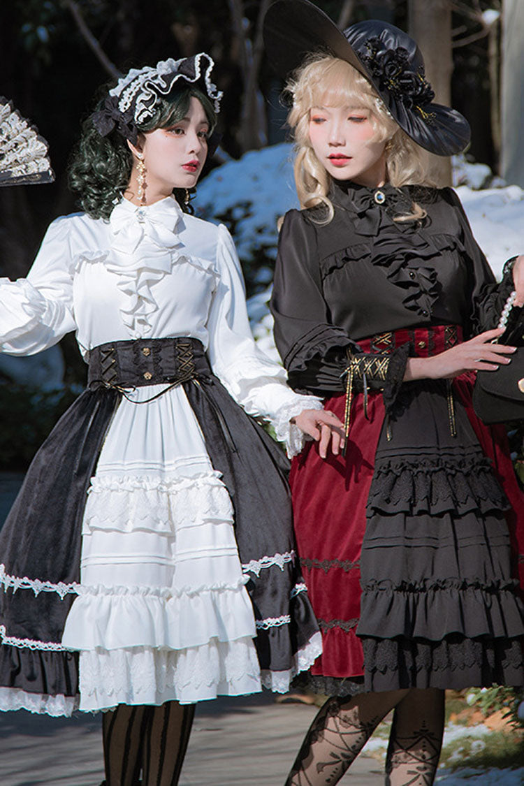 White/Black Stitching Cardigan Ruffled Multi-Layer Gothic Lolita Skirt Dress