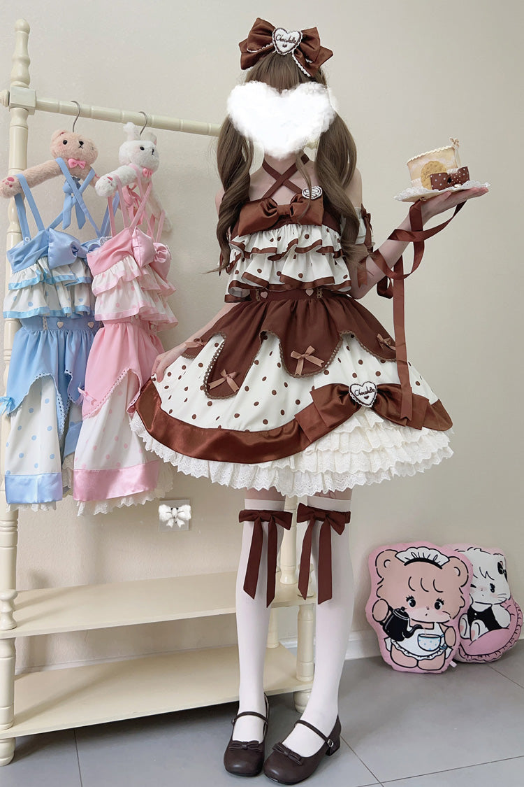 Chocolate Brown Cream Multi-Layered Polka Dots Print Ruffle Bowknot Sweet Lolita Jsk Dress