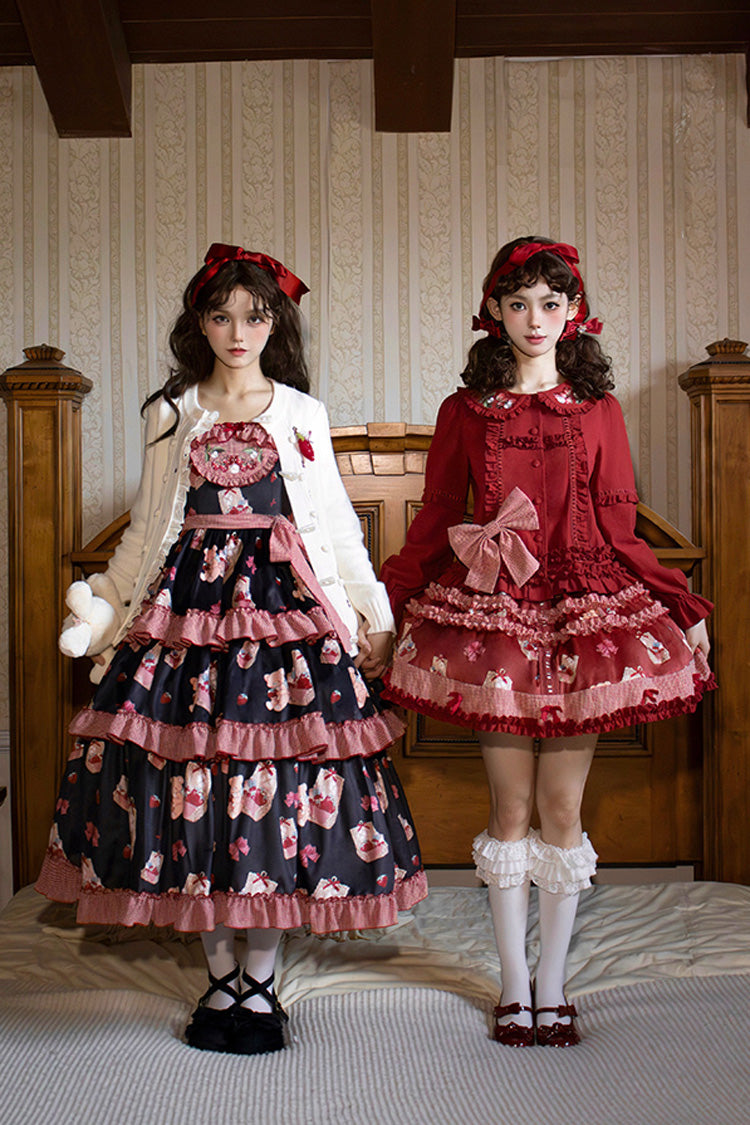 Blue/Pink Bell Strawberry Farm Embroidery Print Triple-Layered Ruffle Sweet Lolita JSK Dress