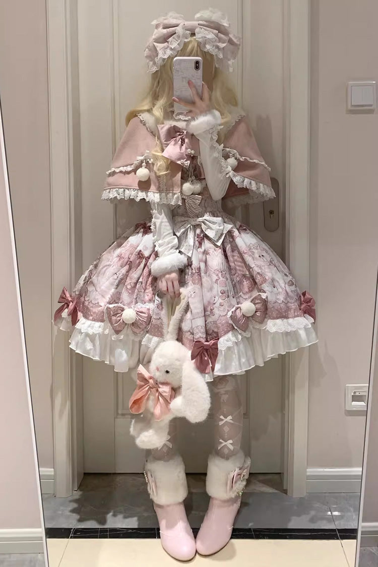 Pink Cat Dessert House Print Ruffle Bowknot Sweet Lolita Jsk Dress Set