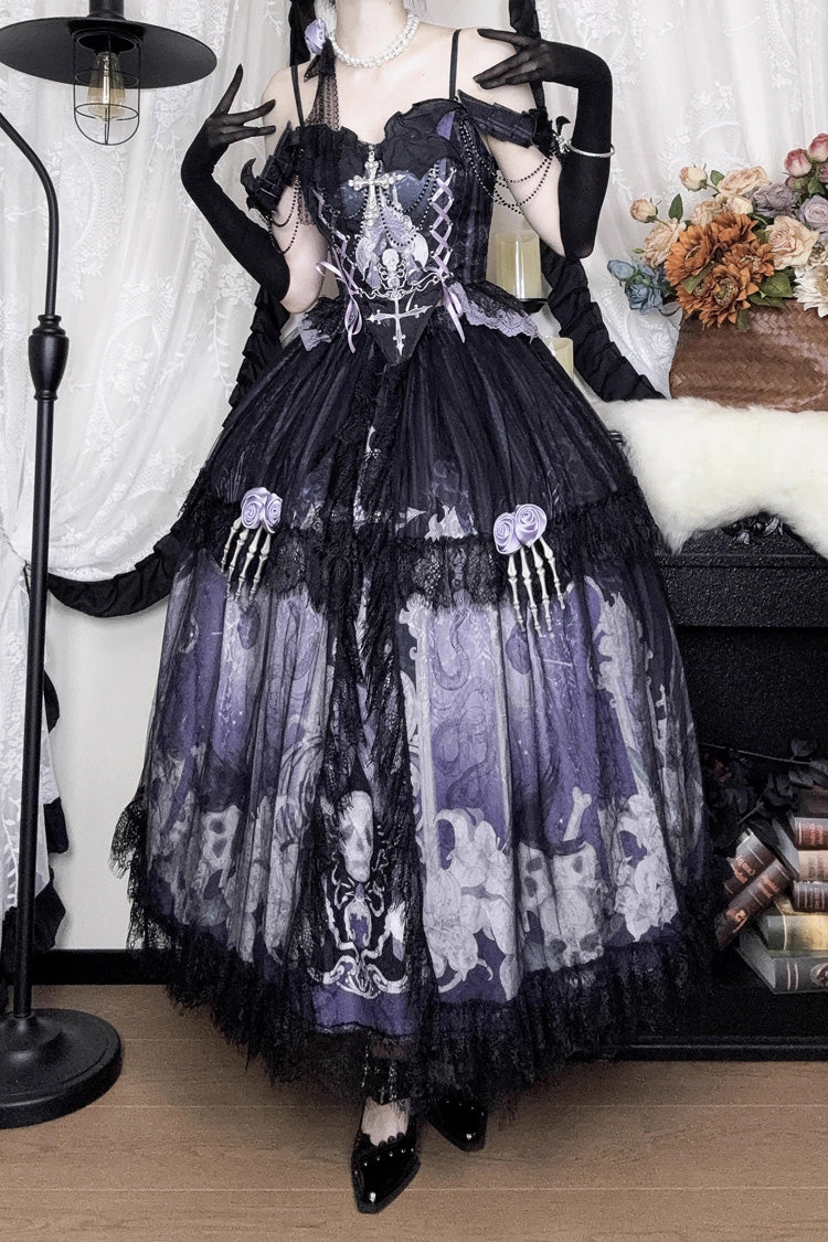 Black/Blue Skull Magic Print Ruffle Bowknot Gothic Elegant Lolita Skirt Two-Piece Set