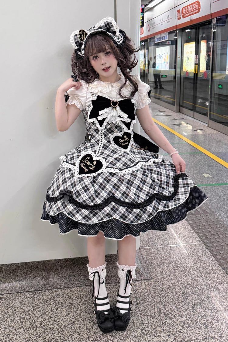 Black/White Shibuya Sweetheart Sleeveless Plaid Print Ruffle Bowknot Sweet Lolita Jsk Dress (Plus Size Support)