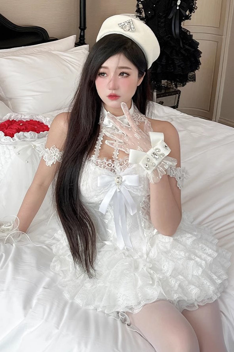 White Multi-layer Ruffle Hanayome Bowknot Lace Sweet Mini Lolita Skirt Dress