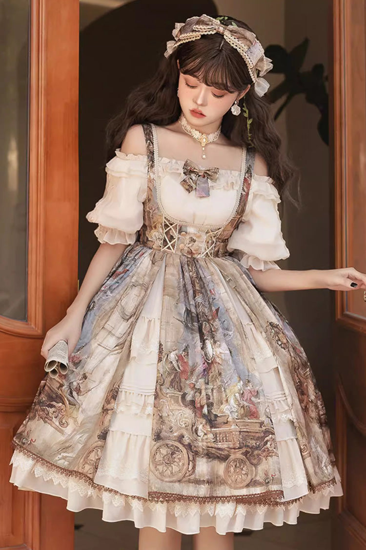 Brown Cloria Oil Painting Print Bowknot Lace Sweet Elegant Palace Lolita Jsk Dress