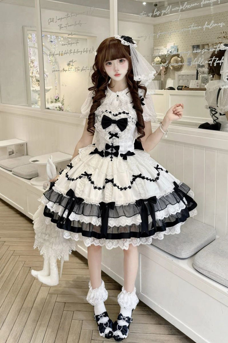 Black/White Scarlet Heart Cocoa Sleeveless Triple-Layered Ruffle Embroidery Bowknot Lace Sweet Lolita Jsk Dress