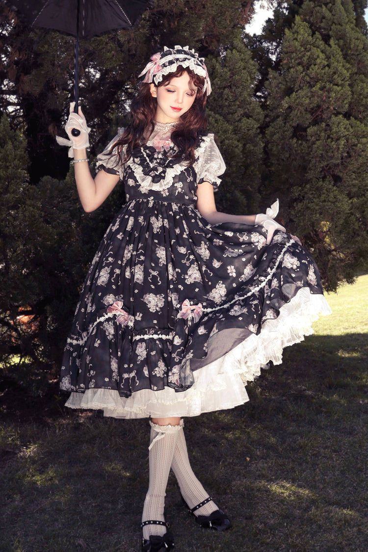 Daydream Rose Short Sleeves Floral Jacquard Print Ruffle Embroidery Bowknot Sweet Lolita Dress 3 Colors