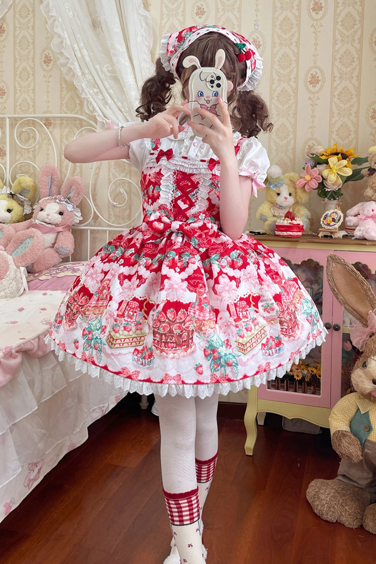 Red Strawberry Cocoa Jam Sleeveless Print Ruffle Bowknot Lace Sweet Lolita Jsk Dress