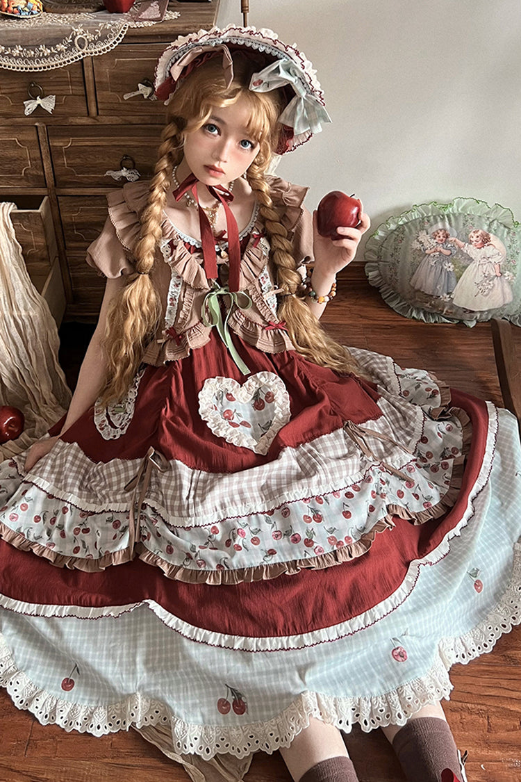 Multi-Color Cherry Print Short Sleeves Multi-Layered Ruffle Embroidery Sweet Lolita Dress