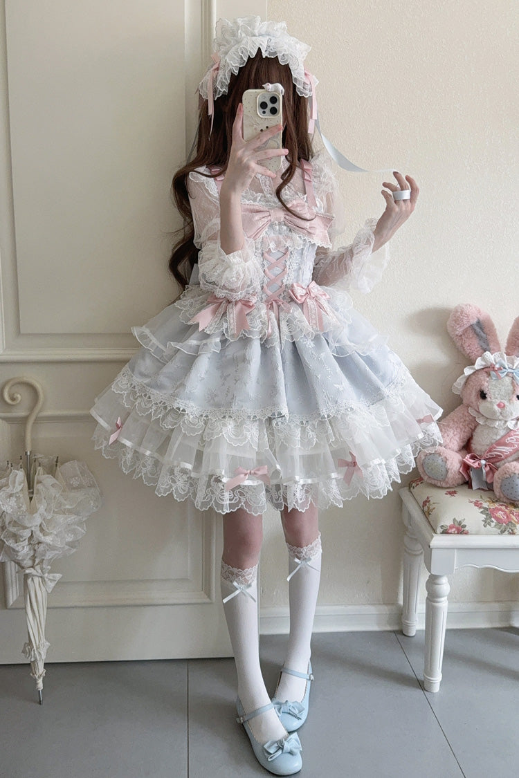 Blue Fleishi Island Sleeveless Ruffle Bowknot Lace Slim Sweet Ballet Lolita Jsk Dress