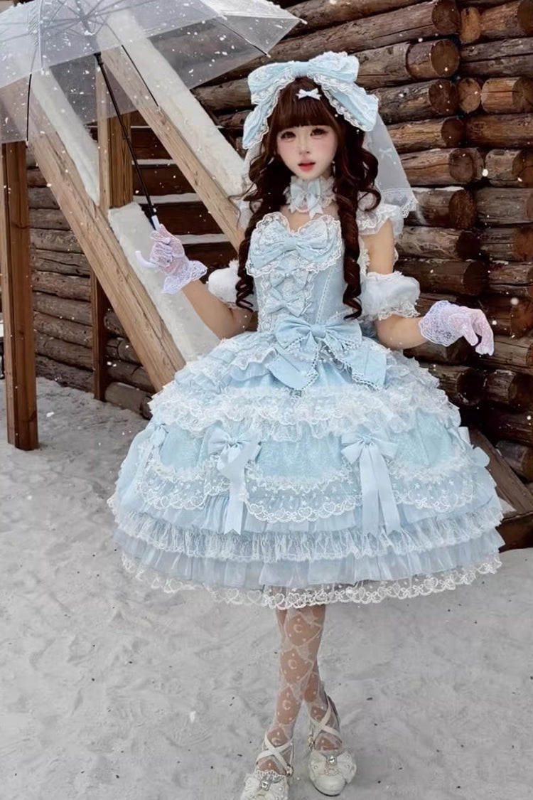 Blue Dream of the Misty Moon Sleeveless Multi-Layered Ruffled Bow Lace Pearl-Decorated Sweet Princess Lolita Jsk Dress