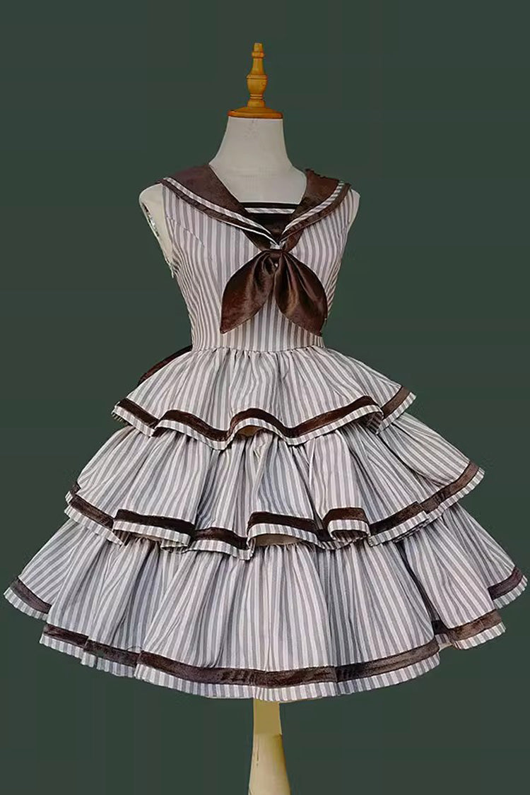 From the Other Side Sleeveless Triple-Layered Vertical Stripes Print Print Ruffle Bowknot Sweet College Style Lolita Jsk Dress