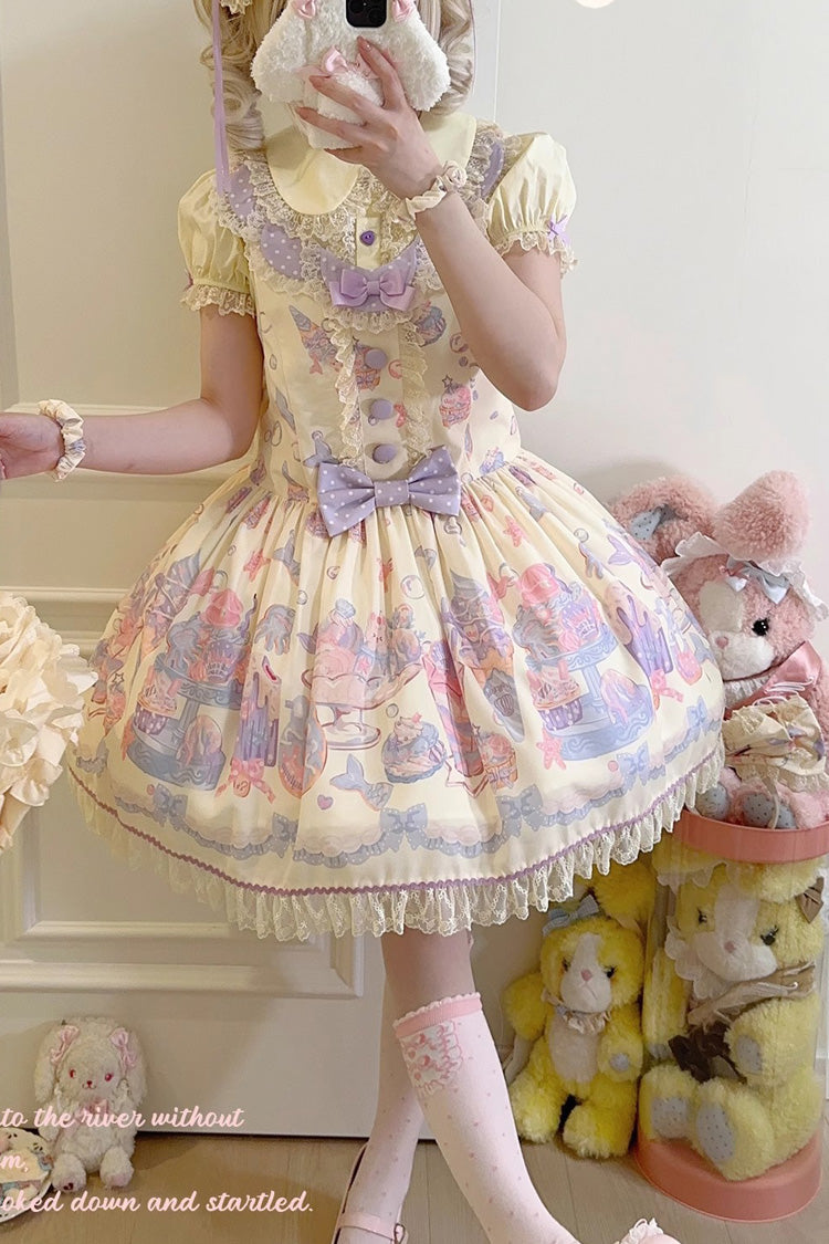 Cream Soda Mermaid Print Light Yellow Bowknot Lace Sweet Lolita Strap Dress