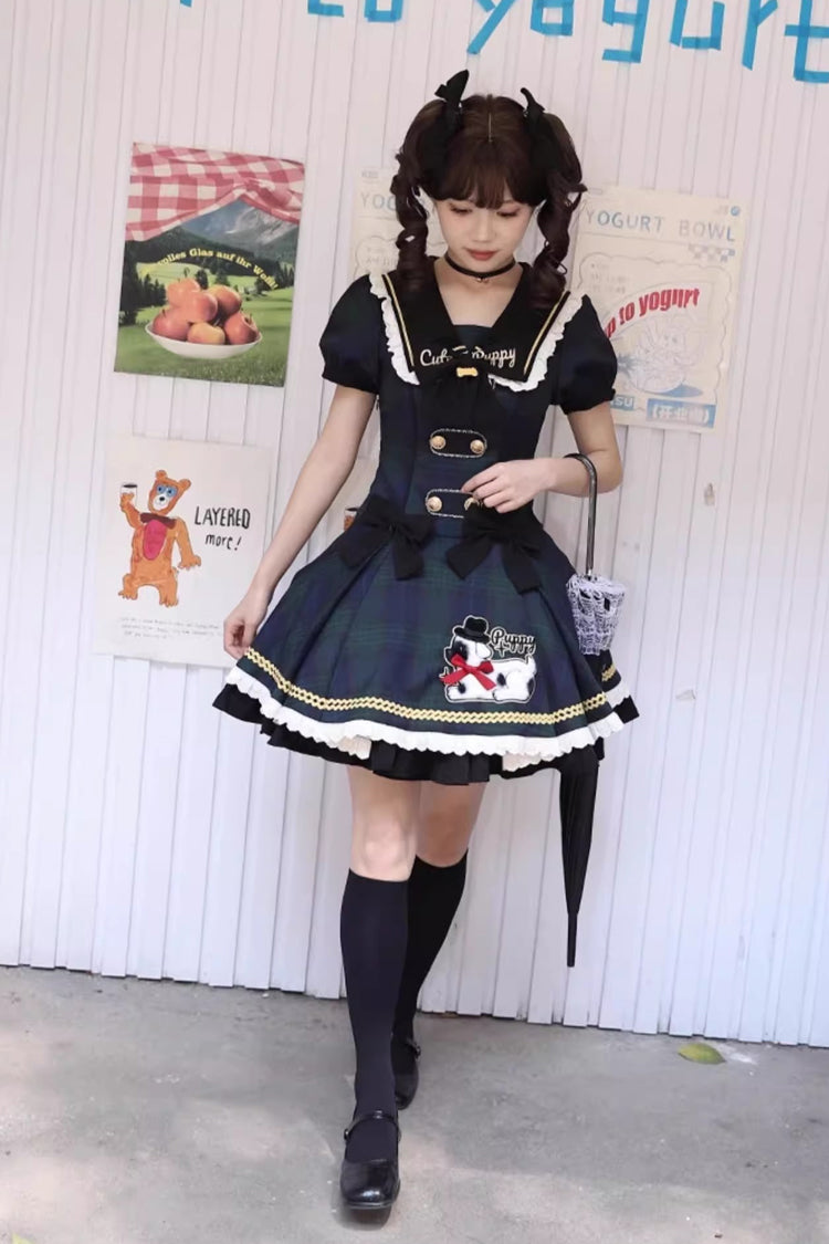 Blue Dalmatian Short Sleeves Print Ruffle Bowknot Slim Sweet Lolita Dress