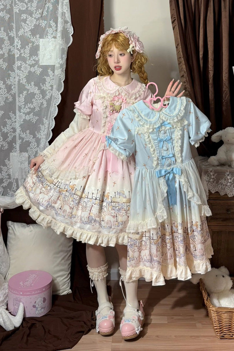 Pink Angel Lamb Lapel Collar Short Sleeves Printed Ruffled Bow Sweet Lolita Dress