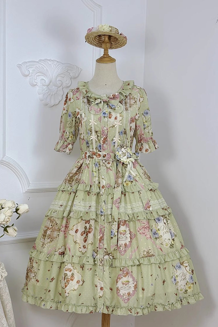 Green Cat Rose Tea Short Sleeves Print Ruffle Cardigan Bowknot Daily Sweet Lolita Dress