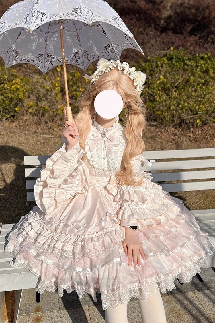 Pink The Soloist Doll Long Hime Sleeves Multi-Layered Print Ruffle Bowknot Asymmetric Sweet Lolita Dress
