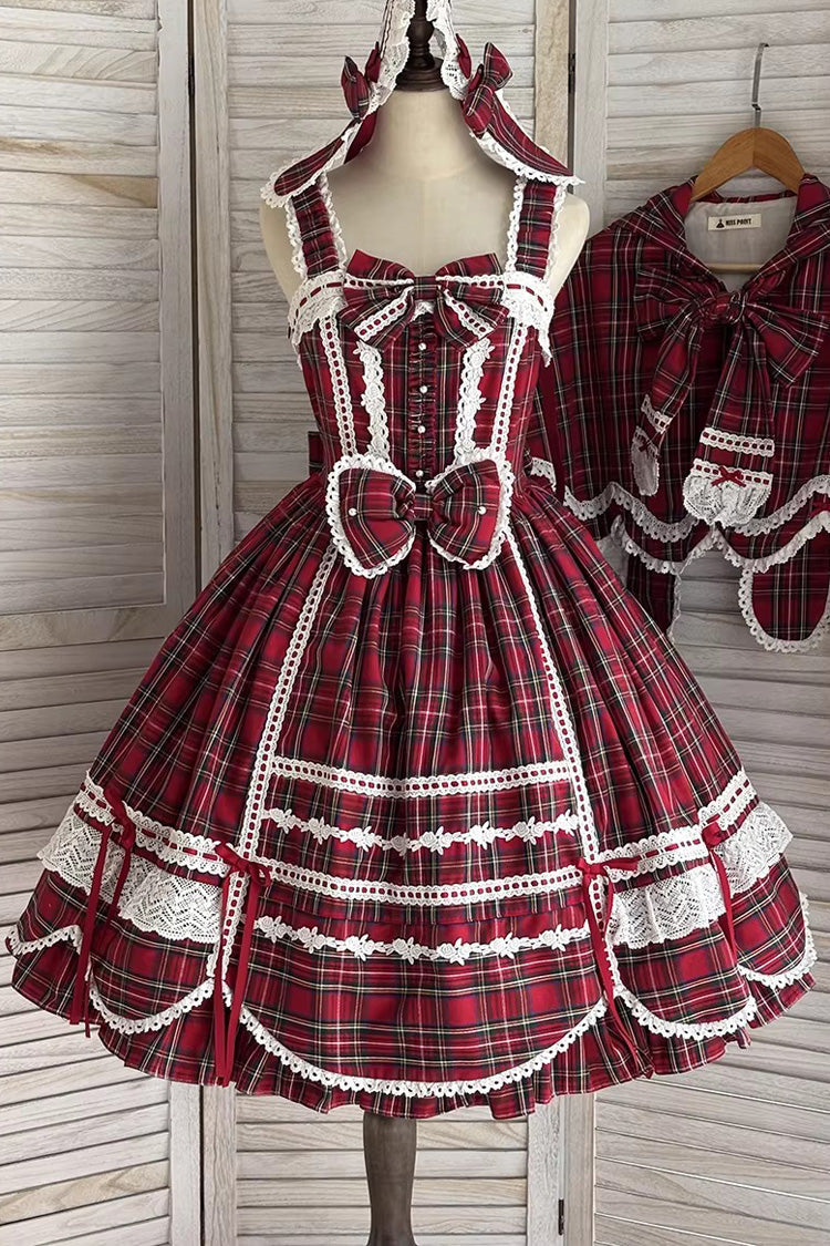 Red Gingham Petal Bunny Printed Ruffled Bow Sweet Lolita Jsk Dress