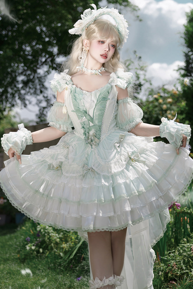 Green Tulip and Wind Chime Multi-Layered Ruffle Bowknot Lace Sweet Gorgeous Lolita Jsk Dress