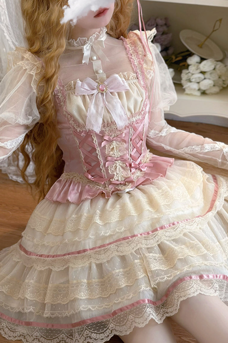 Pink Girl Love Double-Layered Bowknot Lace Sweet Ballet Lolita Skirt Set