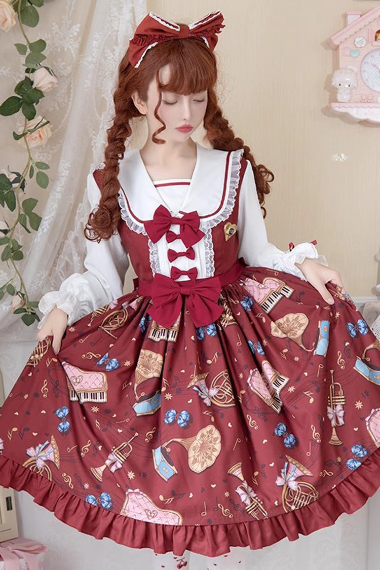 Bear Band Long Sleeves Print Ruffle Bowknot Lace Sweet Elegant Princess Lolita Dress 3 Colors