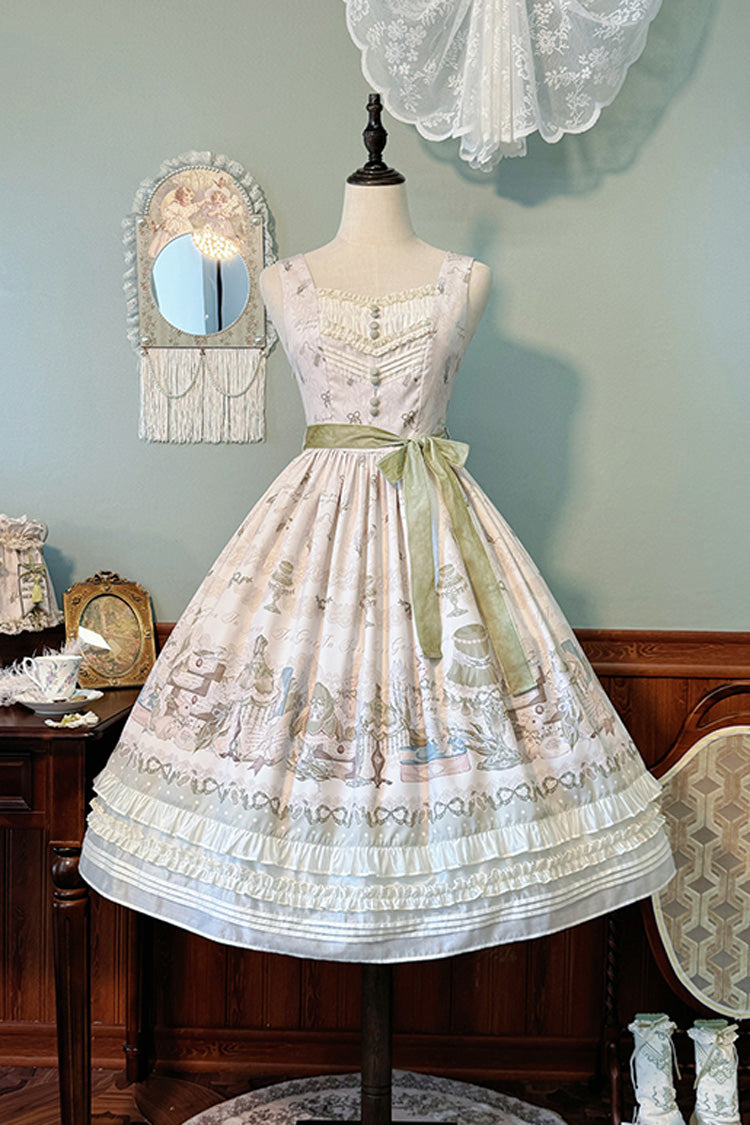 Iris Study V Collar Sleeveless Print Bowknot Lace Sweet Lolita Jumper Dress 2 Colors