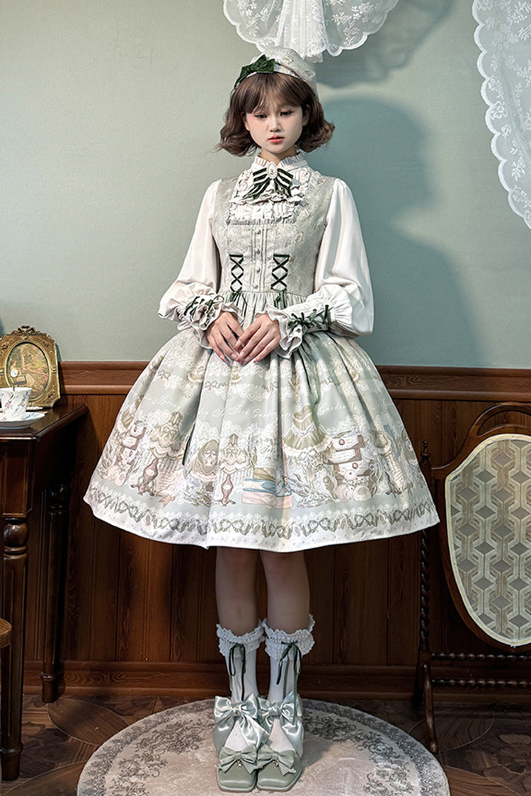 Iris Study Square Collar Print Bowknot Lace-Up Sweet Lolita Jumper Dress 2 Colors
