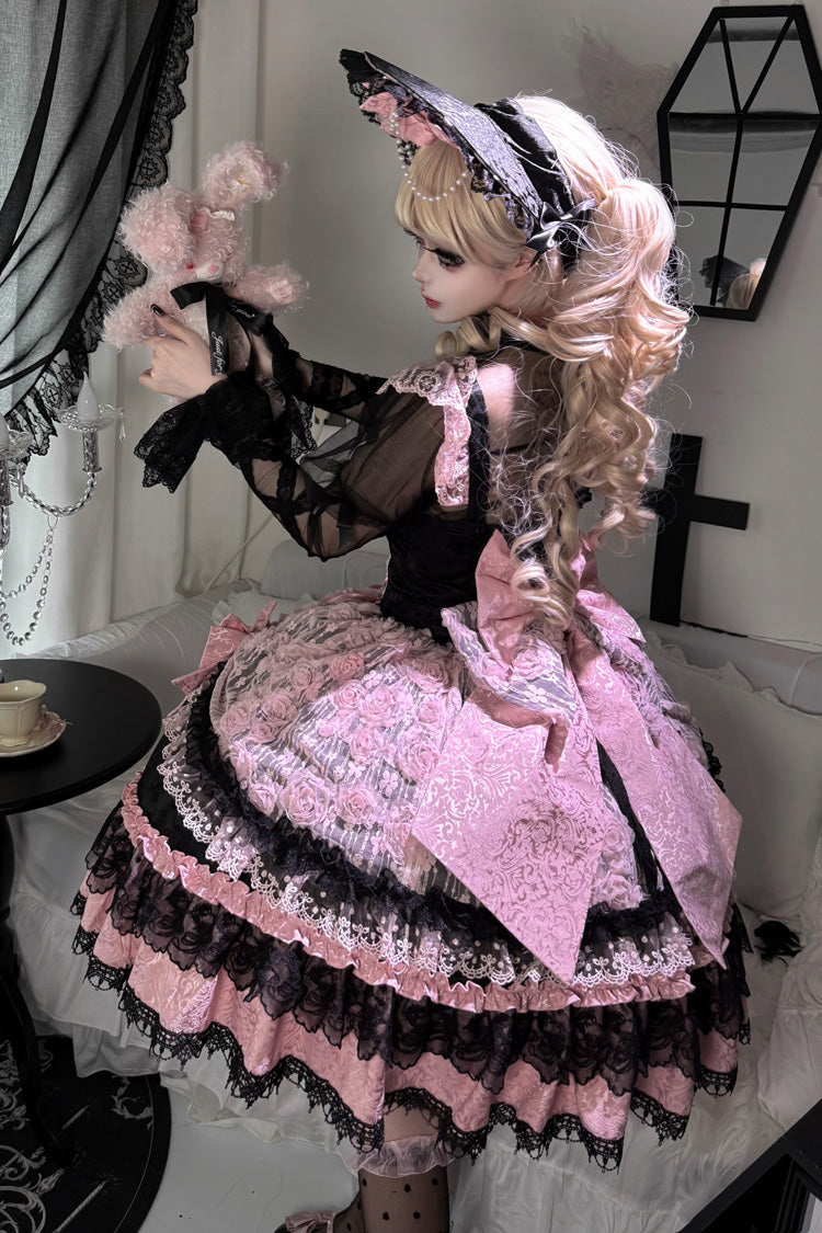 Black/Pink Rose Princess Sleeveless Ruffle Bowknot Lace Lace-Up Sweet Ballet Lolita Jsk Dress